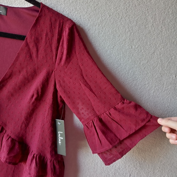 Lulu's Daydream Wine Red Swiss Dot Ruffled Dress XS - Picture 7 of 14